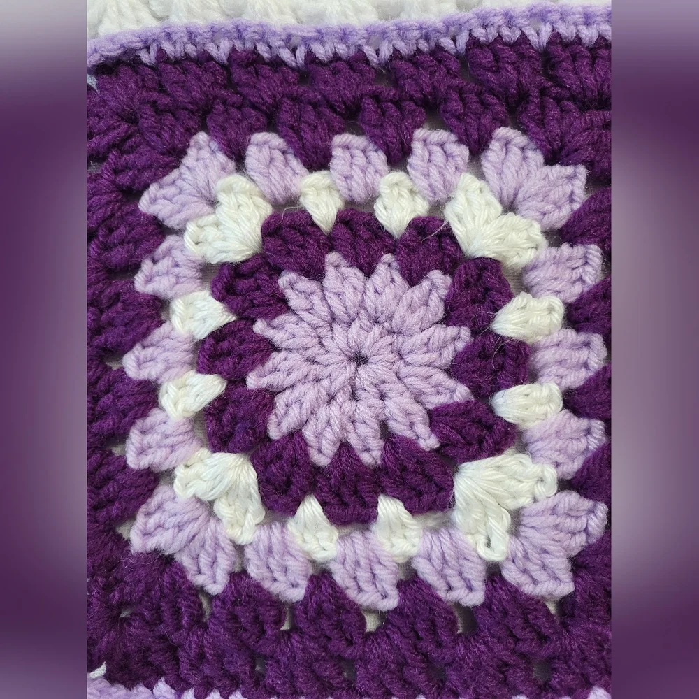 Purple and White Block Handmade Crochet Afghan Throw Lap Yarn Blanket 46